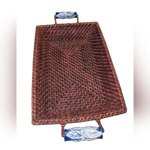 Vintage Rattan Woven Basket with Blue And White Ceramic Handles